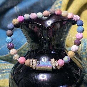 Rainbow Matte Beaded Stretch Bracelet with Iridescent Center